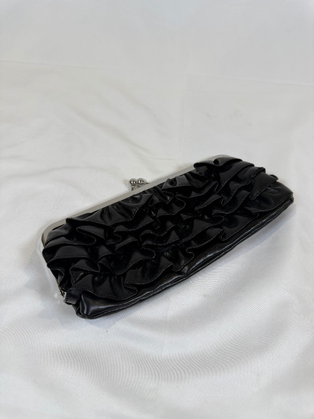 Black Ruffle Clutch Evening Bag Silver Kiss Lock Chain Strap